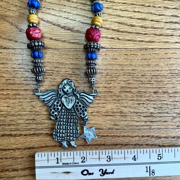 Rare Vintage Marcie USA Designer Hammered Pewter Angel Pendant Necklace Beads - Picture 4 of 7